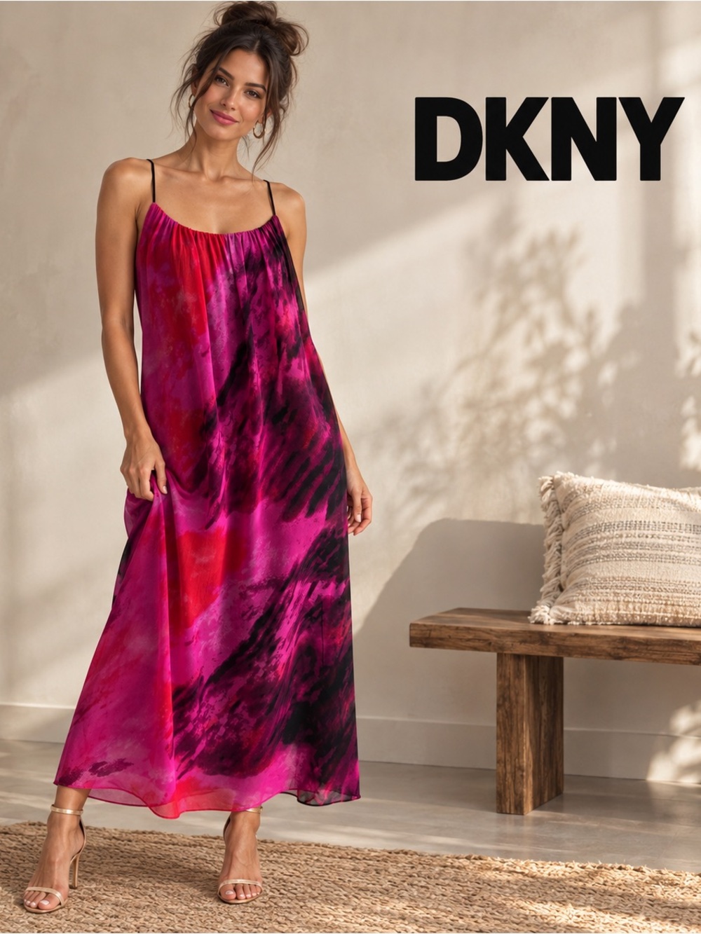 🌸DKNY Fuchsia & Black Tie-Dye Slip Maxi Dress size L Relaxed Fit Bohemian Resort